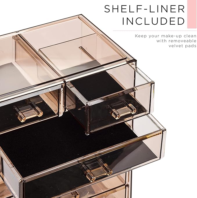 Sorbus Acrylic Makeup Organizer Set, 6-Drawer Vanity & Countertop Cosmetic Storage with Small & Wide Compartments, Bronze Glow Makeup Storage for Brushes, Jewelry – Holiday Gift for Women & Teens