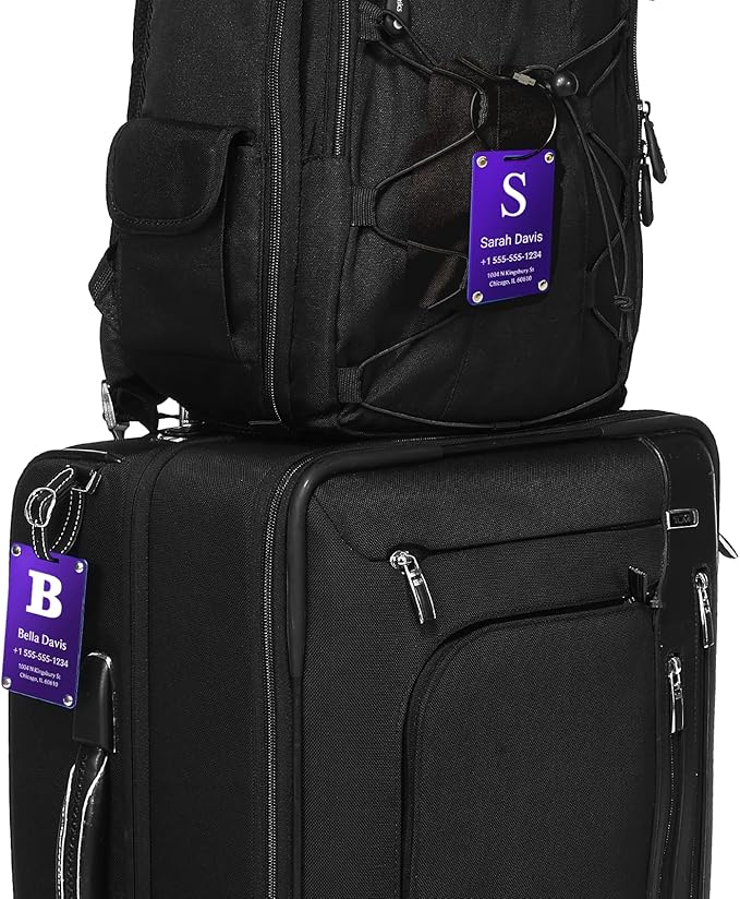 Luggage Tags for Suitcases 4 Pack: Personalized Luggage Tags for Backpacks & Bags Tags with Coustomizable Texts (Purple)