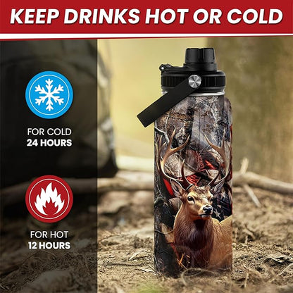 Hunting Water Bottle 32oz - Stainless Steel Insulated Bottles with Lid - Hunting Presents for Men Dad Husband Papa, Hunters Gift for Birthday Christmas Fathers Day