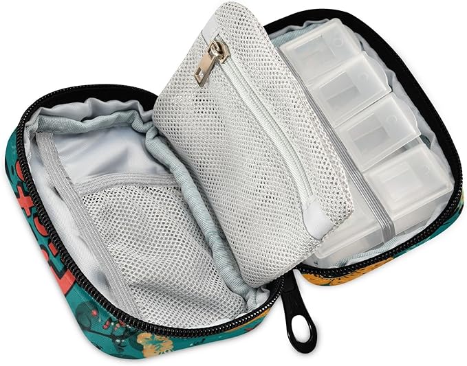 Fiesta Mexican Green Skulls Guitars Flowers Travel Pill Organizer Case Box Container Weekly Portable Vitamin Medicine Holder Storage Bag with Zipper Removable