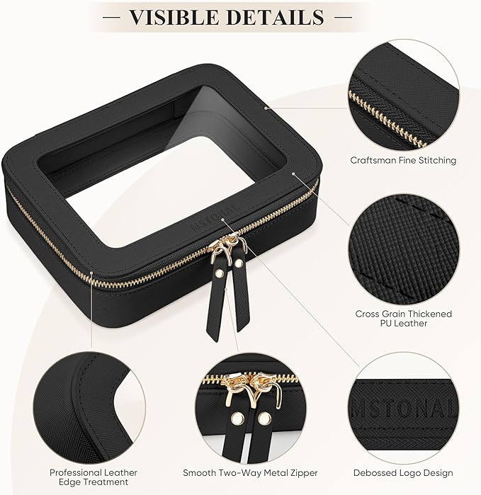 Clear Makeup Bag, Travel Toiletry Bag Cosmetic Case for Women, Waterproof Portable Make Up Skincare Pouch with Zipper, Compact Car Organizer Bag for Essentials, Mini & Medium, Black