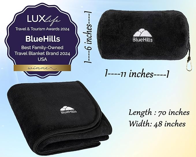 BlueHills Travel Blanket Pillow Rolled Premium Soft Plush Airplane Throw Traveling Accessories Gifts Compact in a Bag 70 X 48 inches Long Plane Flight Portable Lightweight Black R05