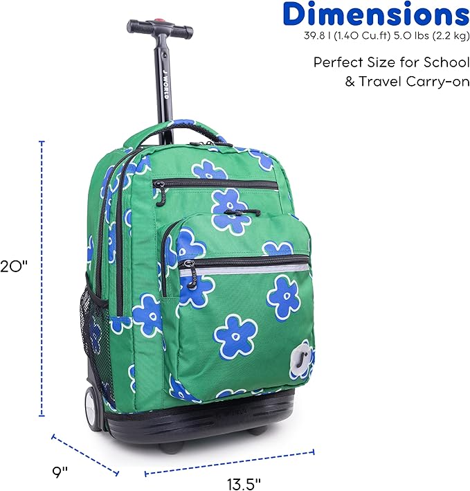 J World Sundance Laptop Rolling Backpack for Girls Boys. Roller Bookbag with Wheels, Picnic