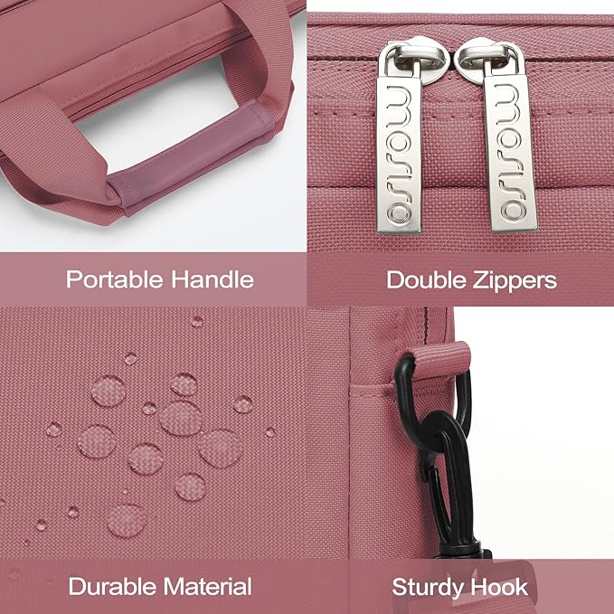 MOSISO Laptop Shoulder Bag 13.3 inch, 13-14 inch Computer Bag Compatible with MacBook Air/Pro 13 / Pro 14, HP Dell ASUS Lenovo with 2 Raised&1 Flapover&1 Horizontal Pocket&Handle&Belt, Dusty Rose