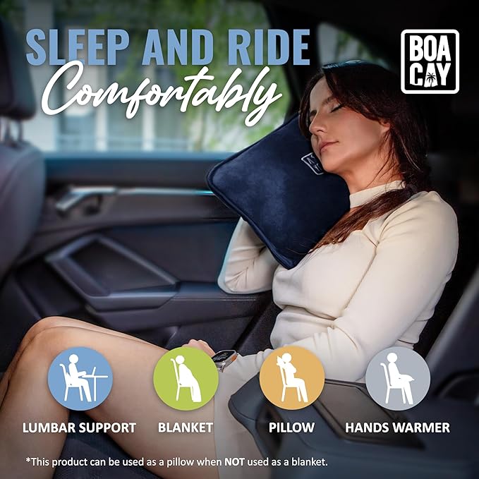 BOACAY Soft & Warm Travel Blanket for Airplane & Car - Long Flight Essential for Women, Men, Kids - Compact Pillow with Luggage Sleeve & Backpack Clip