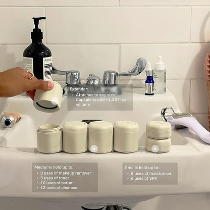 Cadence Travel Containers - Full Skincare Set - Magnetic Containers with Lids,Carry On Travel Essentials For Women/Men - 2 Small (0.56oz), 4 Medium Capsules (1.32oz), & Extender (1.43oz) - Sand