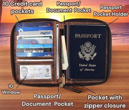 Passport Wallet - Travel Document Holder w/RFID Blocking – Full Grain Leather – Bifold compact zip around Wallet with Credit Card Slots for Women and Men, brown flag, 500-32