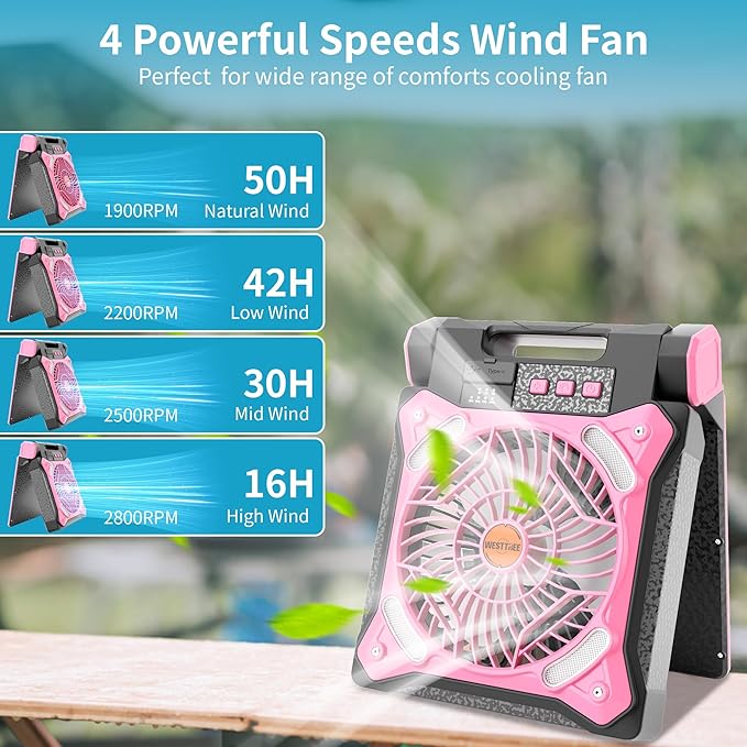 Solar Fan Battery Powered Rechargeable Solar Camping Fan with Led Lantern & Power Bank Foldable Angle USB Personal Fans for Travel Outdoor Camping Tents X98 Pink