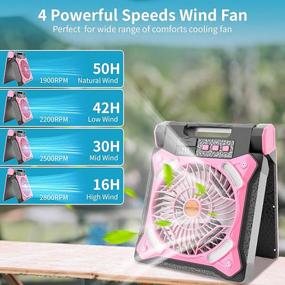 Solar Fan Battery Powered Rechargeable Solar Camping Fan with Led Lantern & Power Bank Foldable Angle USB Personal Fans for Travel Outdoor Camping Tents X98 Pink