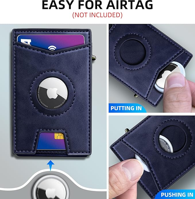 Airtag Wallet for Men,with Money Clip Gift Boxed,Slim Front Pocket Wallet RFID Blocking Metal Case Smart Pop-up Credit Card Holder in Magnetic Leather Flip