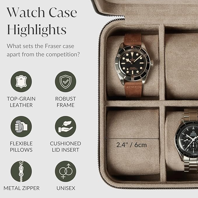 TAWBURY Watch Case - 4 Slot Genuine Top-Grain Leather Watch Box for Men & Women with Extra Wide Pillows for Large Watches - Portable Wristwatch Storage for Home & Travel (Taupe)