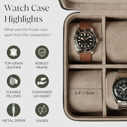 TAWBURY Watch Case - 4 Slot Genuine Top-Grain Leather Watch Box for Men & Women with Extra Wide Pillows for Large Watches - Portable Wristwatch Storage for Home & Travel (Taupe)