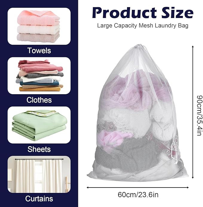 6 Pack Mesh Drawstring Laundry Bag 24" X 36" Mesh Laundry Bags Large for Washing Machine, Sturdy White Net Laundrys Bag for Factory, University, Dormitory, Travel and Apartment Dweller