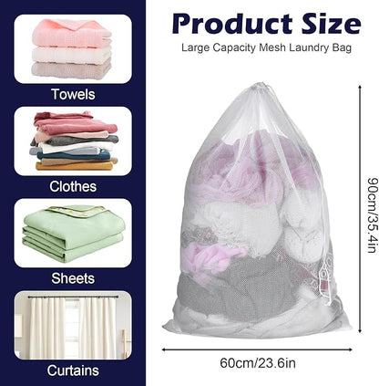 6 Pack Mesh Drawstring Laundry Bag 24" X 36" Mesh Laundry Bags Large for Washing Machine, Sturdy White Net Laundrys Bag for Factory, University, Dormitory, Travel and Apartment Dweller
