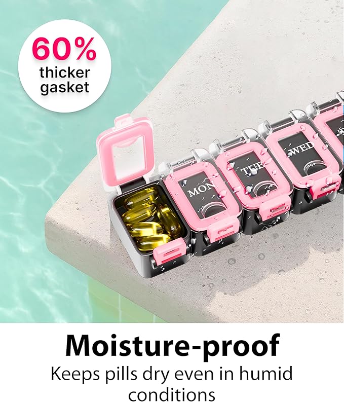 Weekly Pill Organizer 1 time a Day – Pill Box 7 Day with Enhanced Waterproof Seal, Large compartments Hold Big Vitamins & Supplements, Upgraded Locking lids, for Home & Travel use, Durable Hard case