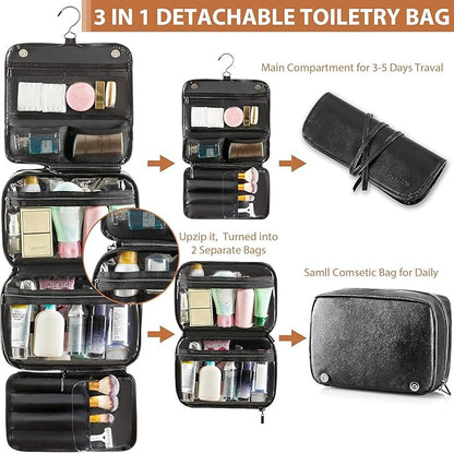 Elviros Hanging Toiletry Bag Removable Travel Bag PU leather Makeup Cosmetic Organizer Kit, Black