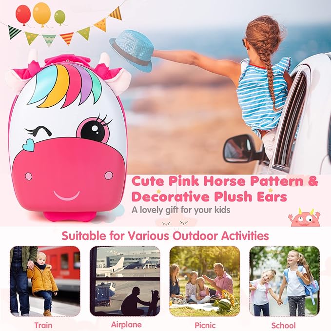 Goplus Kids Luggage, 16’’ Carry on Suitcase with LED Wheels, Waterproof Hard Shell, Lightweight Rolling Luggage for Travel, Birthday Christmas Gifts for Toddlers, Children, Boys, Girls (Pink)