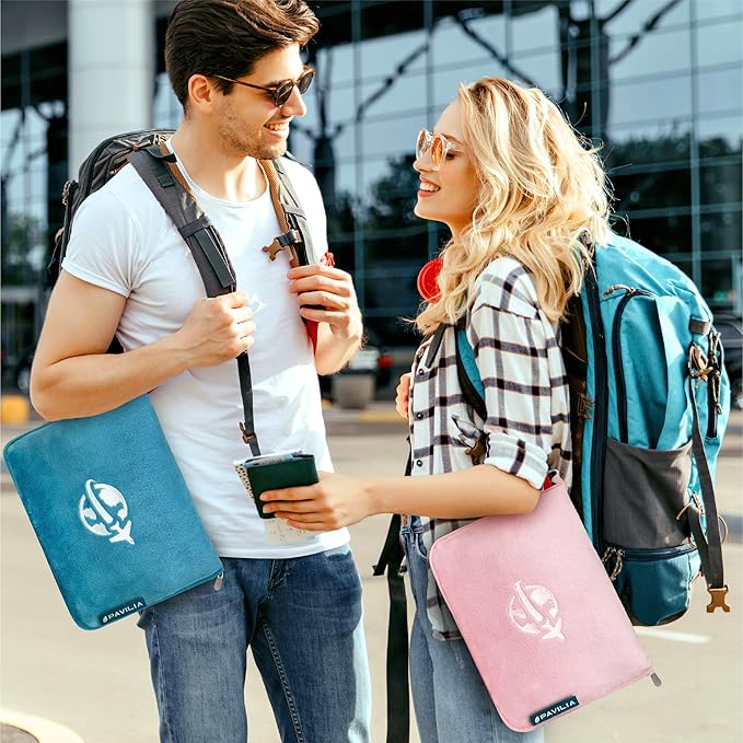 PAVILIA Travel Blanket and Pillow, Arms Opening Airplane Blankets for Adults, Compact Plane Blanket with Arm Hole 2-in-1 Bag for Flight Car Camping Fit in Luggage Backpack Traveler Gift, Teal Blue