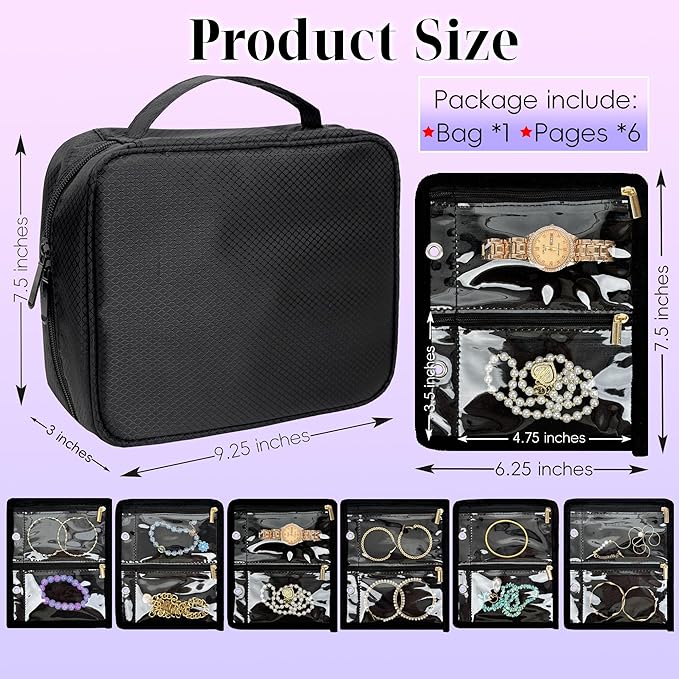 Travel Jewelry Organizer Case,Jewelry Bags for Traveling, Jewelry Binder with 24 Pcs Clear Zipper Velvet Pouches for Storing Earrings, Rings, Necklace, Bracelet, Watch (Black)