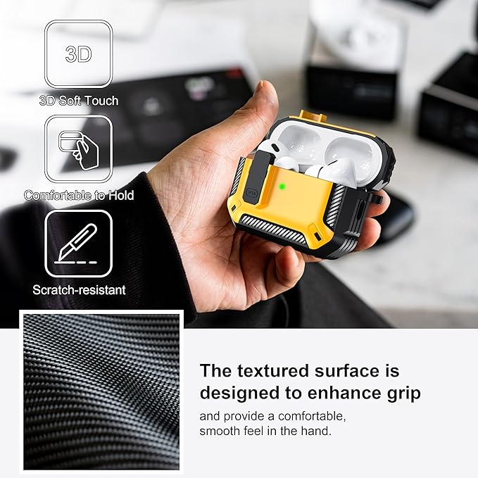 RFUNGUANGO for AirPods Pro 2nd Generation Case Cover with Cleaner Kit, Military Hard Shell Protective Armor with Lock for AirPod Gen 2 Charging Case 2023,2022, Front LED Visible,Yellow