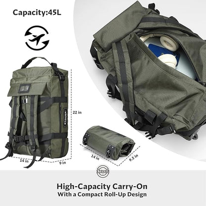 STOVER 45L Carry-On Rolling Duffel Bag with Wheels, Medium Durable Travel Duffle w/Toiletry Bag, Heavy-Duty, Packable, Foldable with Shoulder Straps- Use as Luggage or Backpack, Men/Women (Green)