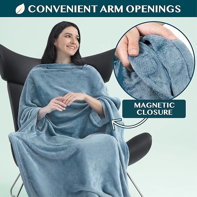 PAVILIA Travel Blanket and Pillow, Arms Opening Airplane Blankets for Adults, Compact Plane Blanket with Arm Hole 2-in-1 Bag for Flight Car Camping Fit in Luggage Backpack Traveler Gift, Blue