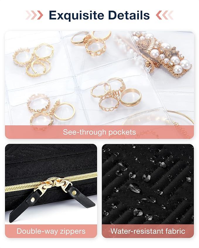 BAGSMART Jewelry Travel Organizer Case for Home Jewelry Organizer Storage Ring Binder Clear Bags Zipper Rolls Pouch for Necklaces, Earrings, Rings, Bracelets, Black