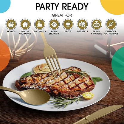 Gold Plastic Silverware Heavy Duty 300 Pieces Gold Disposable Silverware Heavy Duty, Utensil Sets, 100 Of Each Forks, Knives & Spoons Disposable Cutlery Set For Party Supplies