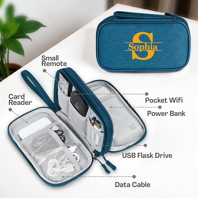 Personalized Electronics Organizer Travel Case – Custom Name Compact Cable Storage Bag for Chargers, Cords, USB Flash Drives – Waterproof Tech Pouch for Travel, Business and Daily Organization- Green