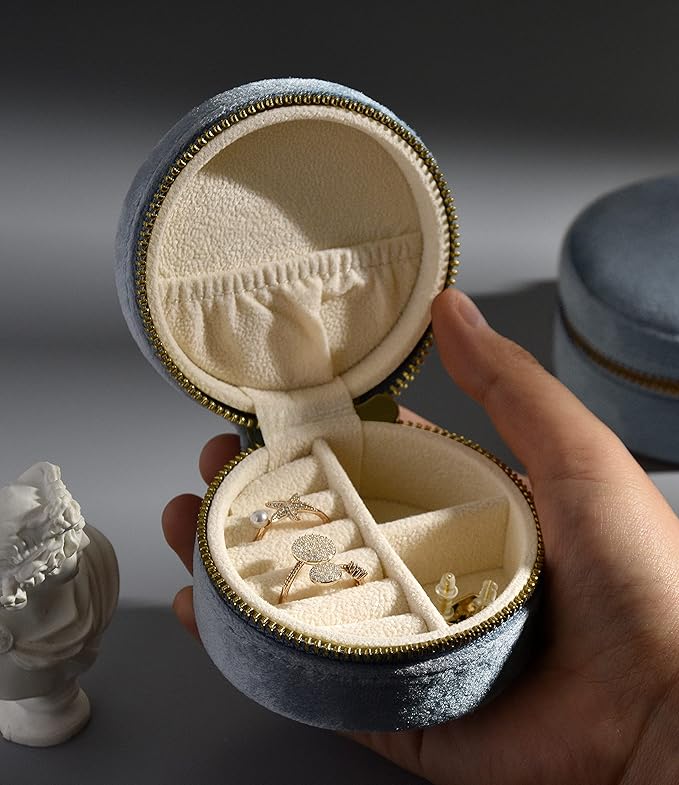 TAIMY Plush Velvet Travel Jewelry Box, Round Mini Travel Jewelry Case for Women Girls, Portable Mini Jewelry Travel Organizer Boxes for Rings Earrings Necklaces Bracelets(Ocean Blue)