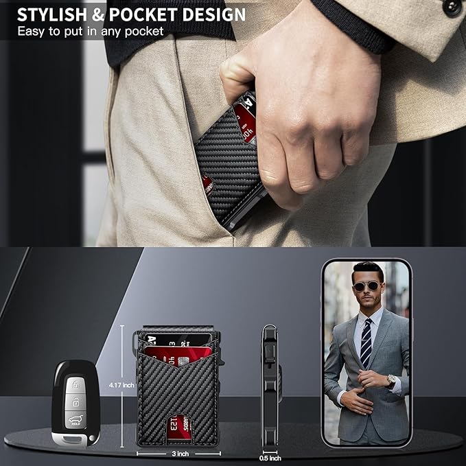 Airtag Wallet for Men, Mens Smart Wallet for Air Tag RFID Blocking, Minimalist Bifold Pop Up Aluminum Credit Card Case Holder 12+ Cards with ID Window, Gift for Men, No Airtag Included, Carbon Red