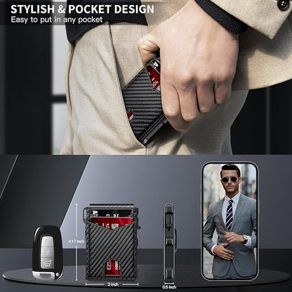 Airtag Wallet for Men, Mens Smart Wallet for Air Tag RFID Blocking, Minimalist Bifold Pop Up Aluminum Credit Card Case Holder 12+ Cards with ID Window, Gift for Men, No Airtag Included, Carbon Fiber