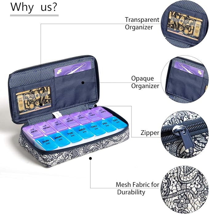 Weekly Pill Organizer 2 Times a Day, Zumd Pill Box 7 Day with Cute Quilted Fabric Zipper Case, Travel Pill Case Am Pm for Vitamin Medicine Organizer