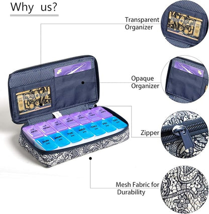 Weekly Pill Organizer 2 Times a Day, Zumd Pill Box 7 Day with Cute Quilted Fabric Zipper Case, Travel Pill Case Am Pm for Vitamin Medicine Organizer