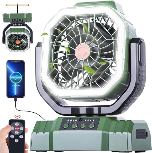 AVV 20000mAh High Speed Portable Camping Rechargeable Fan with Remote Control, Battery Powered with Auto Oscillating with Camping Essentials Accessories for Outdoor, Beach, Patio, Tent, Green