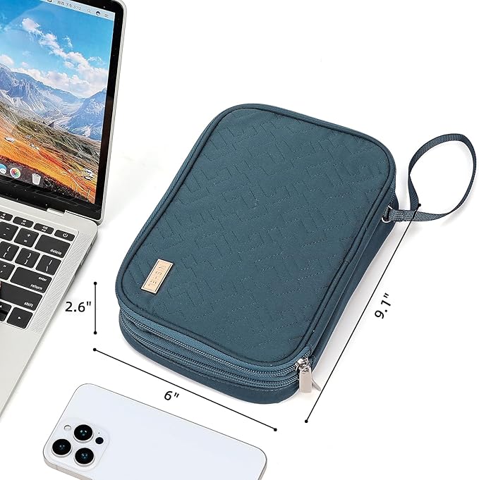 NISHEL Travel Cord Organizer Case, Double Layers Tech Electronic Bag, Essentials for Charger, Cable, Phone, Flash drive, Large, Lake-Blue