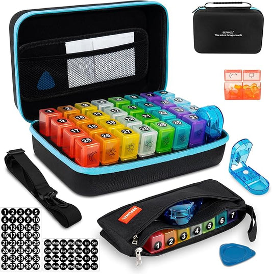 Monthly Pill Organizer, Medicine Organizer Box with Portable Hard Shell and Pill Cutter, 31 Day Pill Holder with Weekly Pill Bag 2 Times a Day (Blue, 2 Times a Day)