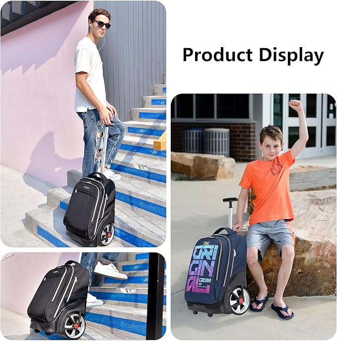 NEW TILAMI 19 Inch Rolling Backpack with Lunch Bag for Girls Boys Wheeled Laptop Backpack Durable Carry-on Bag School Travel, Black