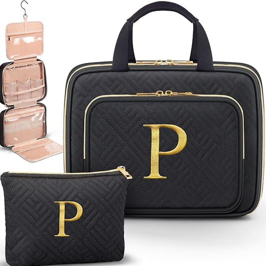 Gifts for Women, Initial Toiletry Makeup Bag Hanging Cosmetic Organizer with Embroidery Letter Personalized Nurse Teacher Appreciation Gift Birthday Christmas Gifts for Mom Sister Wife Friend Auntie