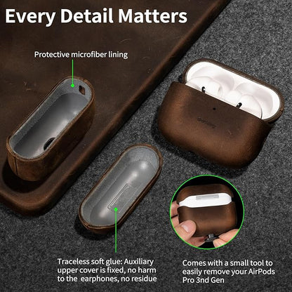 Belemay Handcrafted Crazy Horse Leather Case for AirPods Pro 3rd Gen (2025), Vintage Aesthetic, Two-Tone Effect, Unique Patina, Compatible with MagSafe, Compatible with Airpods Pro 3, Rustic Brown