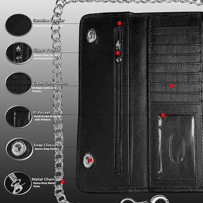 IBRO VINTAGE Motorcycle Chain Wallet for Men – Premium Cowhide Leather, RFID Tri-Fold Biker Wallet with Heavy Duty Chain for Bikers Truckers & Hunters, Credit Card Money Organizer Long Wallet
