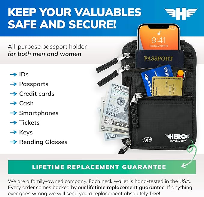 HERO Neck Wallet, RFID Blocking Passport Holder - Easy to Conceal and Pouch