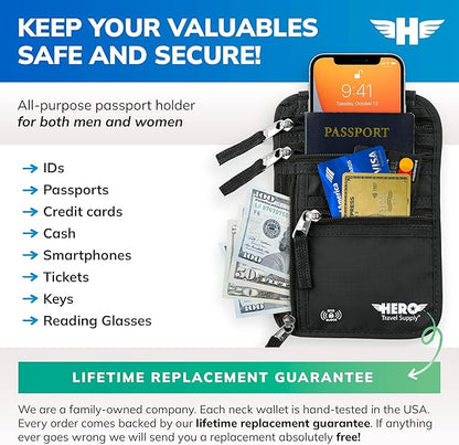 HERO Neck Wallet, RFID Blocking Passport Holder - Easy to Conceal and Pouch