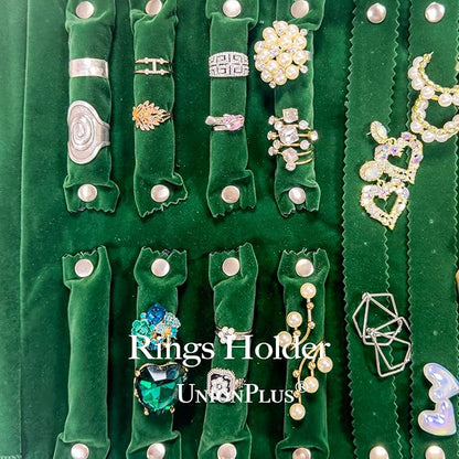 UnionPlus Velvet Travel Jewelry Case Roll Bag Organizer for Necklace Bracelet Earrings Ring, 6 PVC Pockets, Blackish Green Upgrade Version