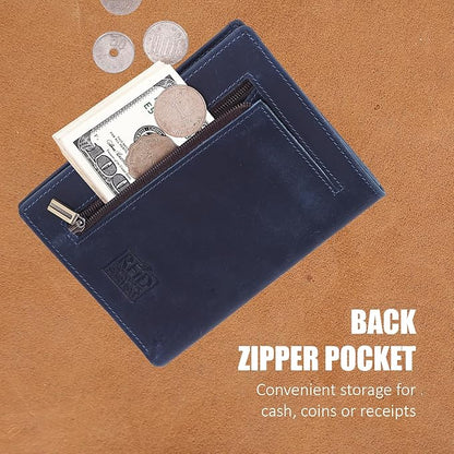 STAR VISTA Carmen Leather Passport Wallet, Dual Bifold Cash Pockets, RFID Blocking, ID Window, 6 Card Slots, Coin Pocket, SIM Slots, AirTag Slots, Navy Blue