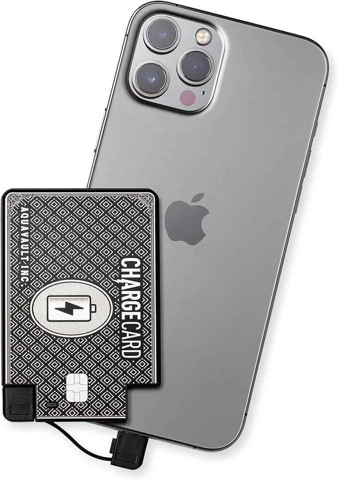 AquaVault ChargeCard – Ultra Slim Emergency Power Bank (2300mAh) – Fits in Wallet – USB-C & Micro-USB – Durable Steel Body – Flight-Safe for iPhone 12-17 & Android - Black
