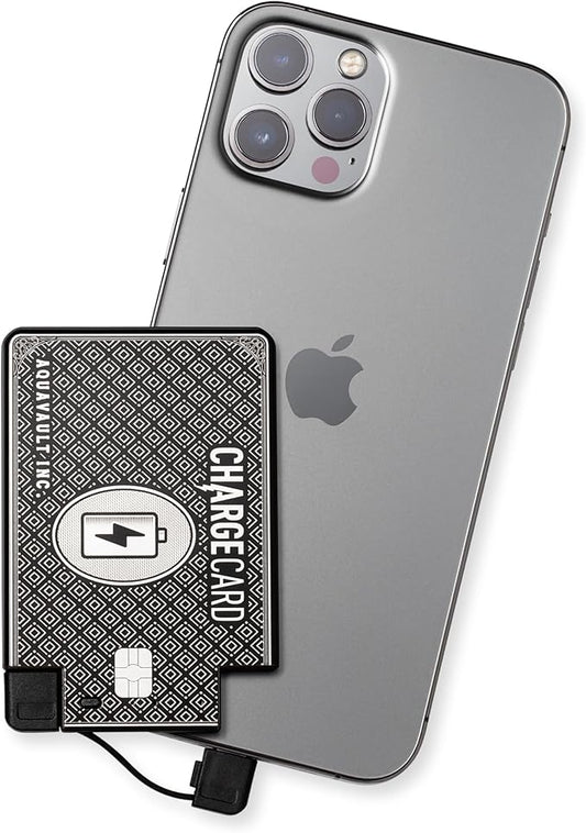 AquaVault ChargeCard – Ultra Slim Emergency Power Bank (2300mAh) – Fits in Wallet – USB-C & Micro-USB – Durable Steel Body – Flight-Safe for iPhone 12-17 & Android - Black