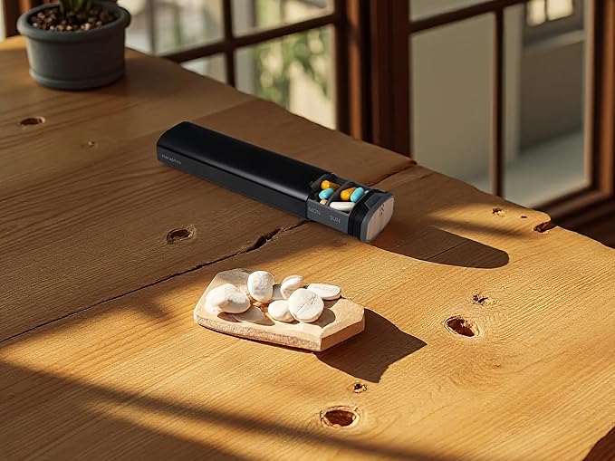 7 Day Pills Organizer Stylish Aluminum and Wood Weekly Pill Box for Medicine, Vitamins, and Supplements. Sleek, Durable & Compact Travel Case. (Black)