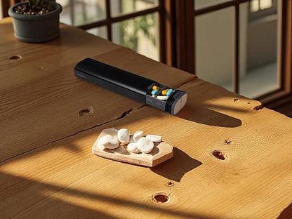 7 Day Pills Organizer Stylish Aluminum and Wood Weekly Pill Box for Medicine, Vitamins, and Supplements. Sleek, Durable & Compact Travel Case. (Black)