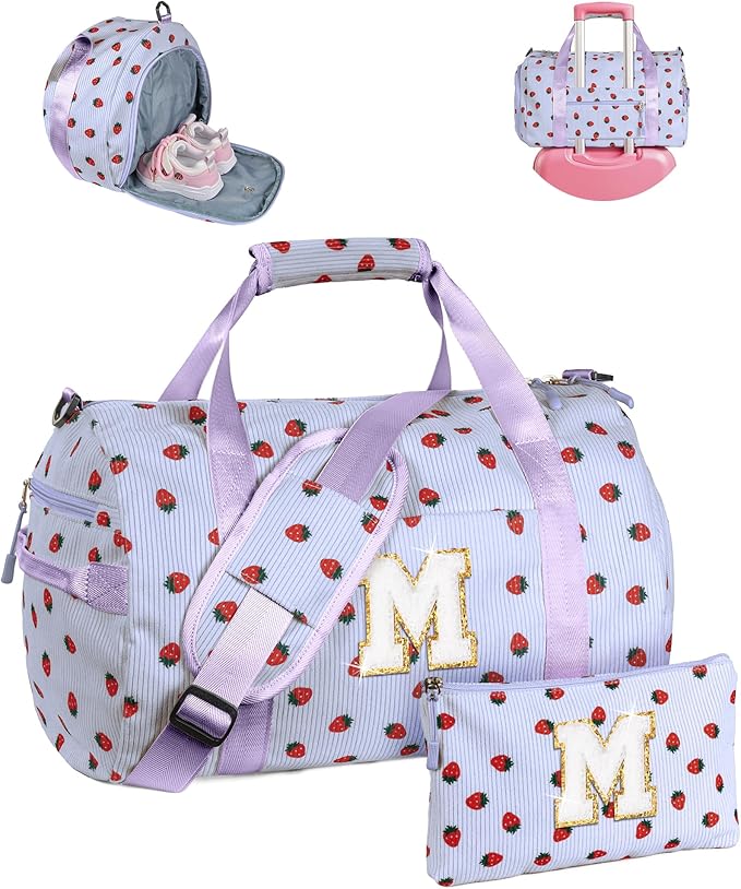 Christmas Stocking-Dance Recital Gifts for Grandkids, Girls Gym Bag, Kids Overnight Duffle Bags with Shoe Compartment, Travel Tote with Makeup Bag, Dorm Room Essentials (Letter M)